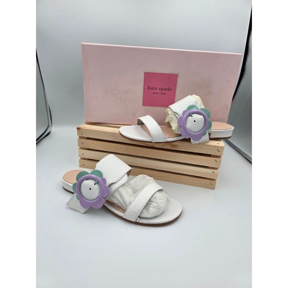 Kate Spade Fabi Sandals Womens 6 White Leather Floral Buckle Slides S170787
